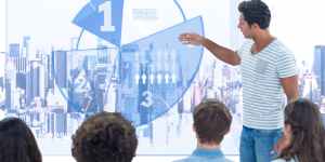 Employee promotion criteria concept with manager evaluating performance and leadership potential in office setting